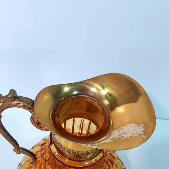 Vintage Amber Carnival Depression Glass Vase With Gold Tone Handle and Spout - Picture 7 of 7